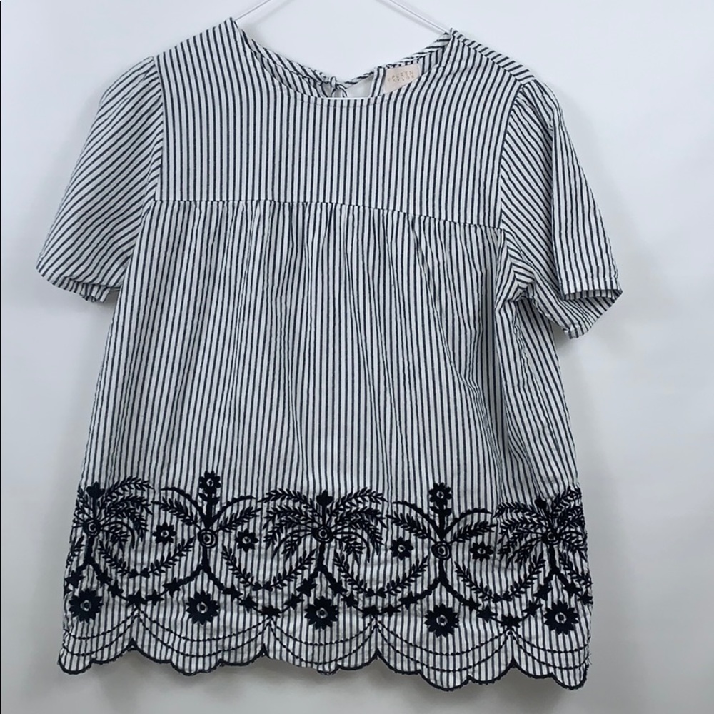 Lauren Taylor embroidery striped blue top